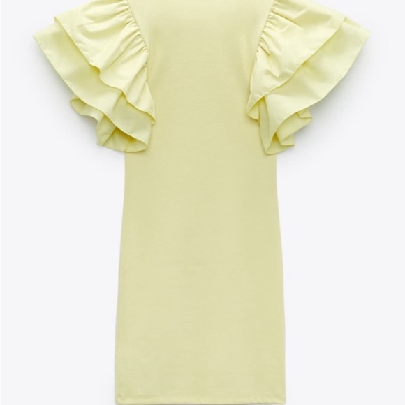 Zara Puff Voluminous Ruffle Poplin Sleeve Bodycon Mini Dress Pastel Yellow Sz M - Picture 5 of 16